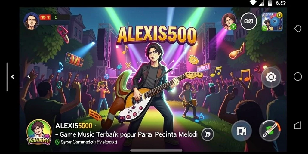 Tampilan gameplay ALEXIS500 penuh warna dan interaktif dengan berbagai pilihan musik.