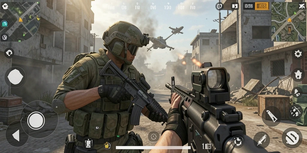 Screenshot menunjukkan aksi seru dalam gameplay FPS ID098.