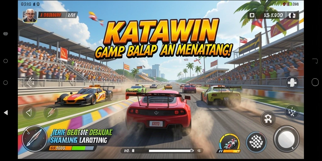 Screenshot gameplay KATAWIN yang menampilkan aksi balap yang mendebarkan.