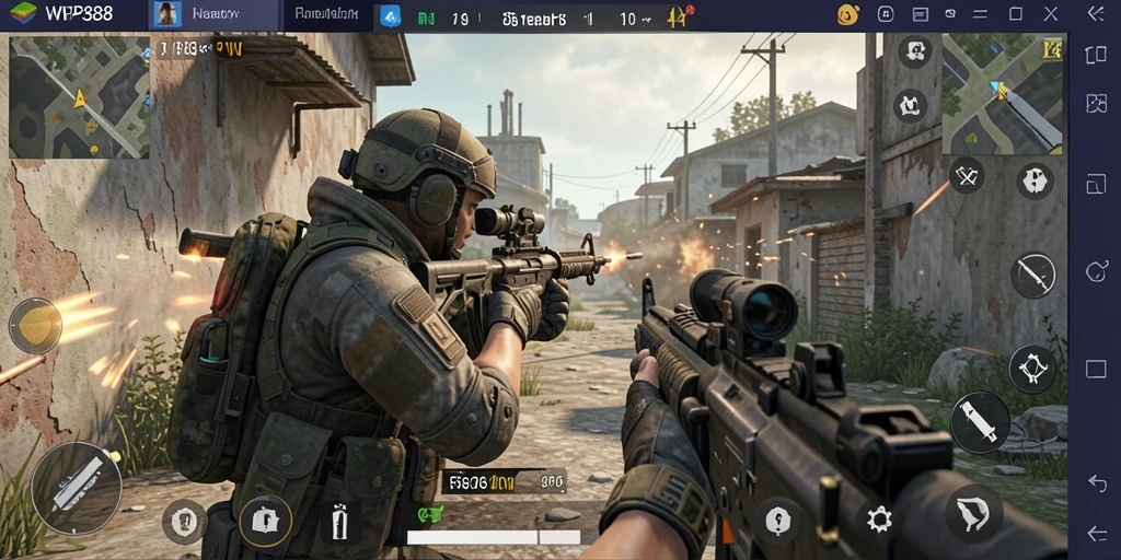 Screenshot menunjukkan gameplay seru WP888 dengan aksi tembak-menembak yang intens.